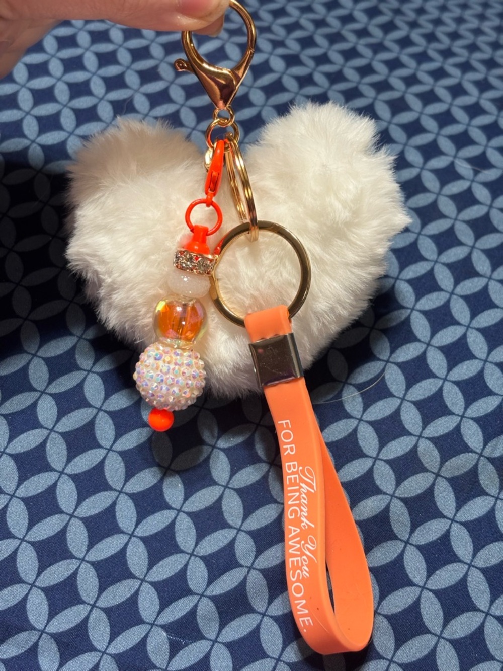 Heart Pom Pom Keychain with Orange Strap and Beaded Charm